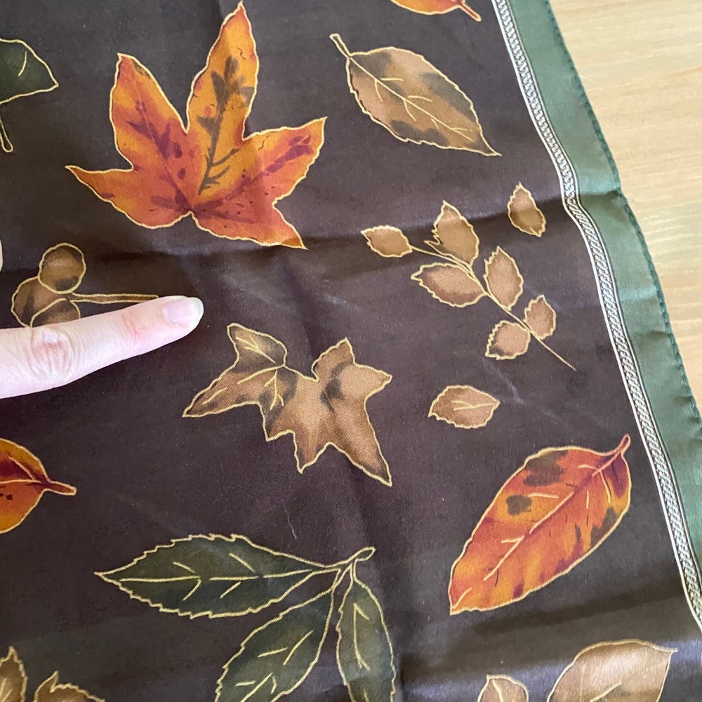 Vintage Brown Green Fall Leaf Print Square Polyester Scarf Small - Picture 5 of 12
